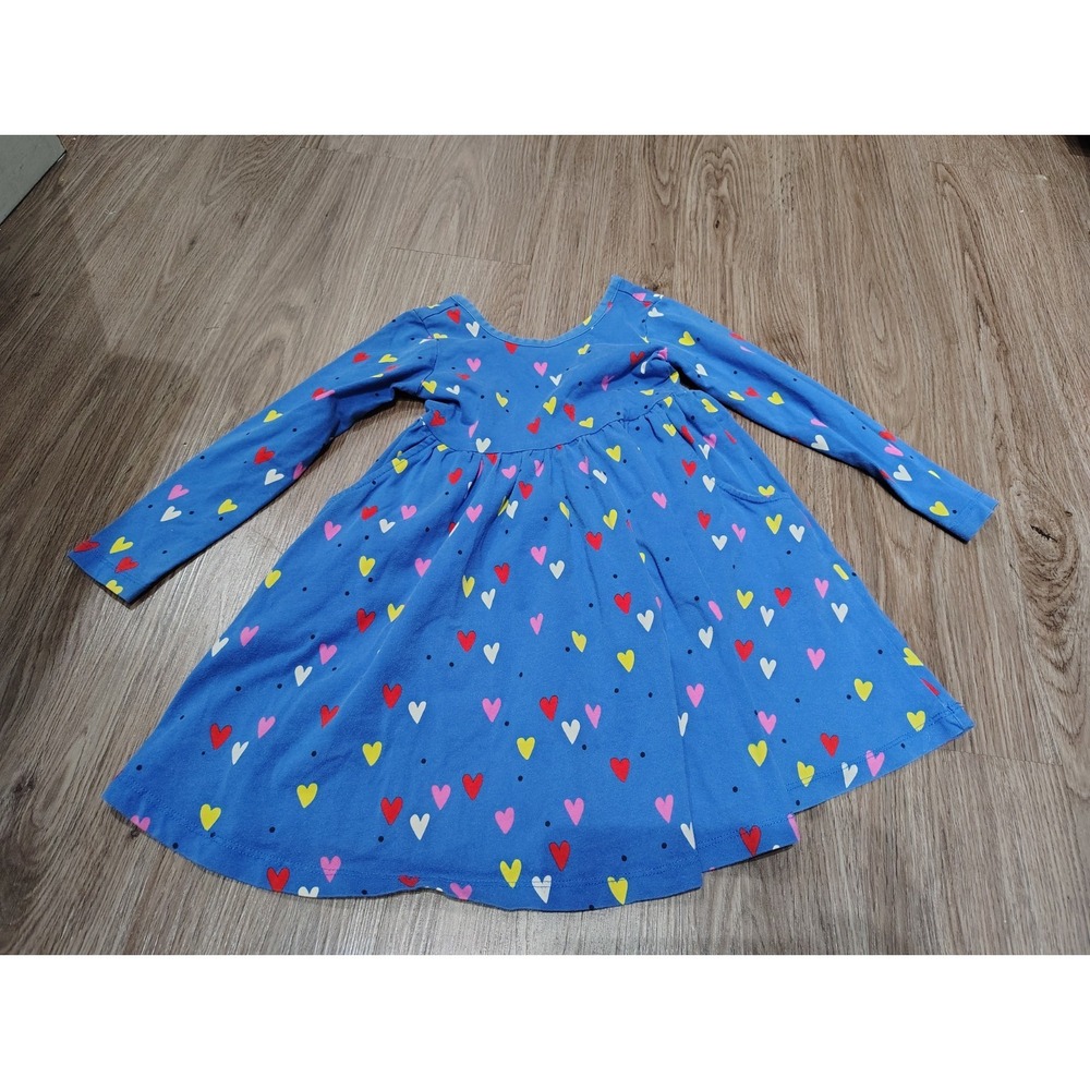 Hanna Andersson Girls Dress Size 4 Blue Heart Print Long Sleeve Pockets